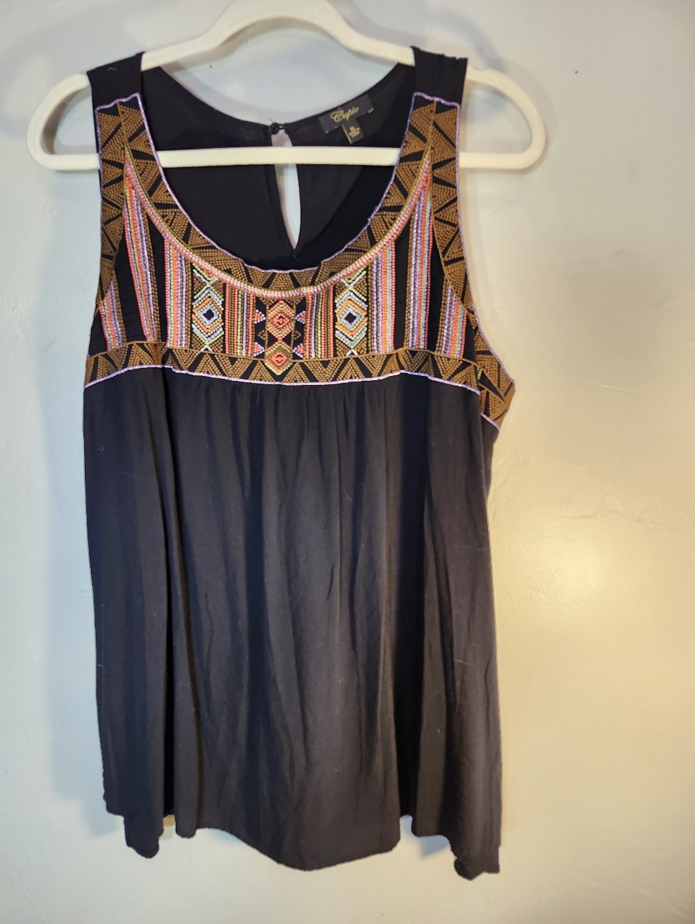 Cupio Boho Embroidered Black Sleeveless Top Sz XL